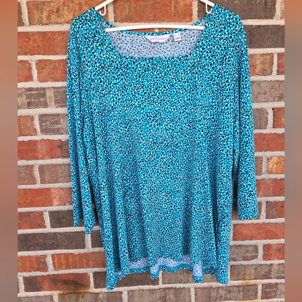 Susan Graver Women's Aqua Blue, Black And White Patterned Top Size XL